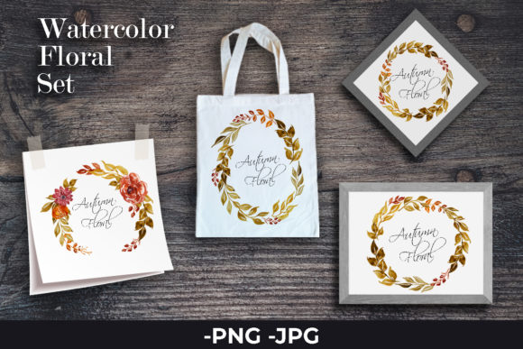 Autumn Floral Watercolor Wreath Set for Crafts & Local Branding