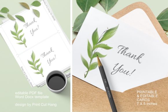 Thank You Cards with Green Watercolor Leaves Print Templates