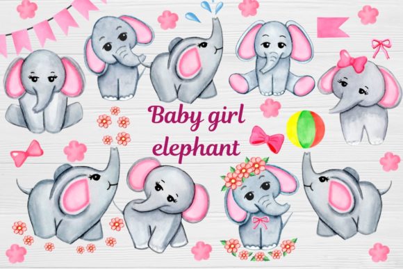 Watercolor Baby Elephant Clipart, Girl