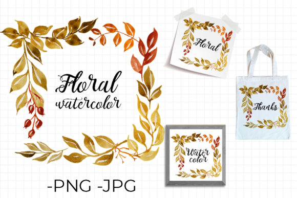 Watercolor Floral Autumn Frame for Crafts Branding